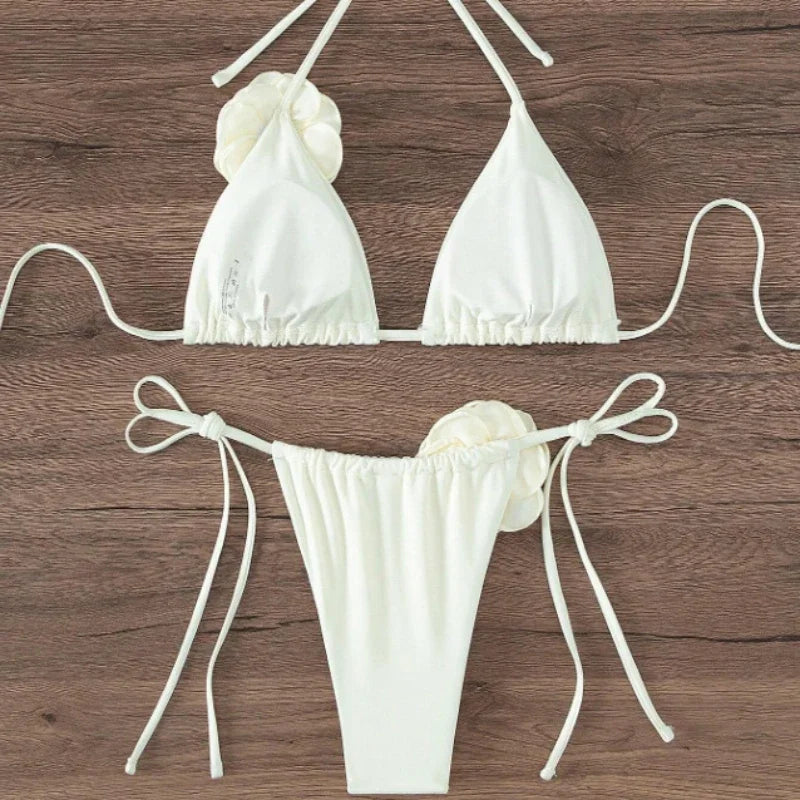 S - L Sexy 3D Flowers Halter Strappy Bikini, Swimwear Swimsuit Two-pieces Bikini Set Bather Bathing Suit Swim