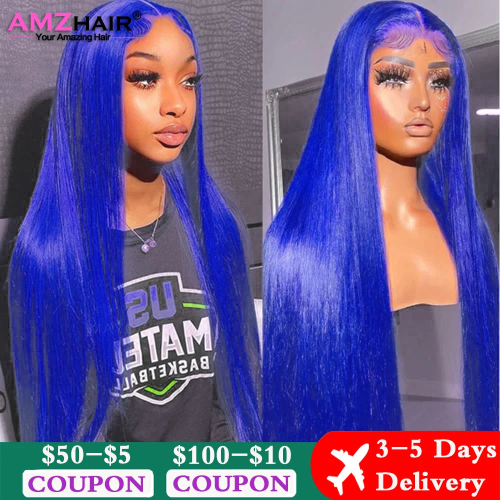 Navy Blue Bone Straight 13x4 Lace Front Human Hair Wigs Brazilian Blue Colored Transparent Lace Front Wigs For Women Pre Plucked