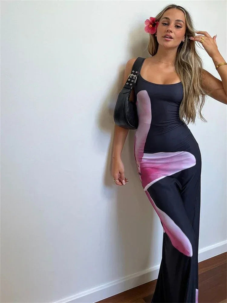 Elegant Printed Backless Long Dress Summer Women's Fashion Contrast Color Party Dress Patchwork Suspender Long Dress 2024 New