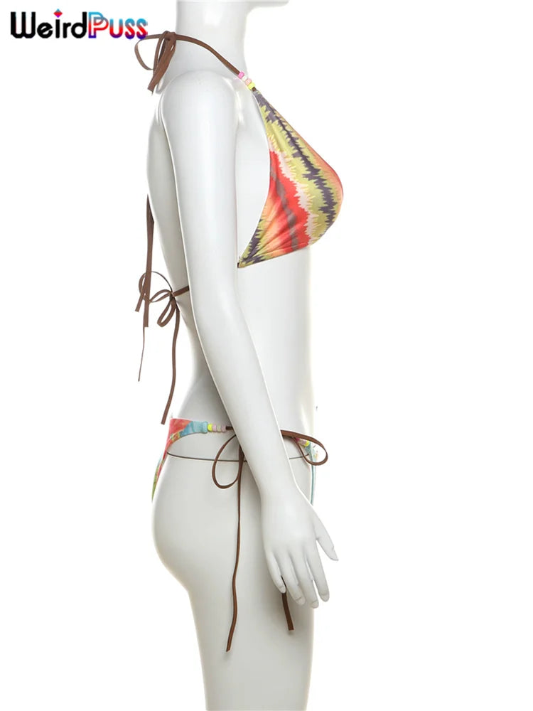 Weird Puss Beach Style Women 2 Piece Set Y2K Vacation Swimsuit Colorful Pearl Halter Bikini Bra+Panties Party Matching Clubwear