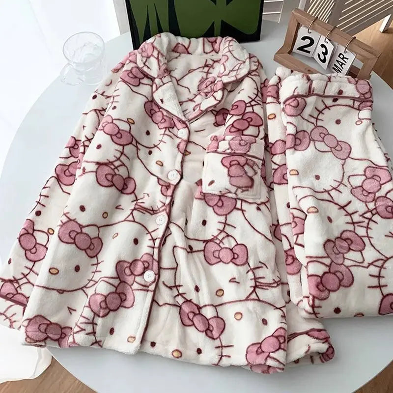 Sanrio Hello Kitty Women's Pajamas Sets Cuteore Cartoon Winter Warm Sleepwear Long Sleeve Pants Nightwear Flannel Home Clothes