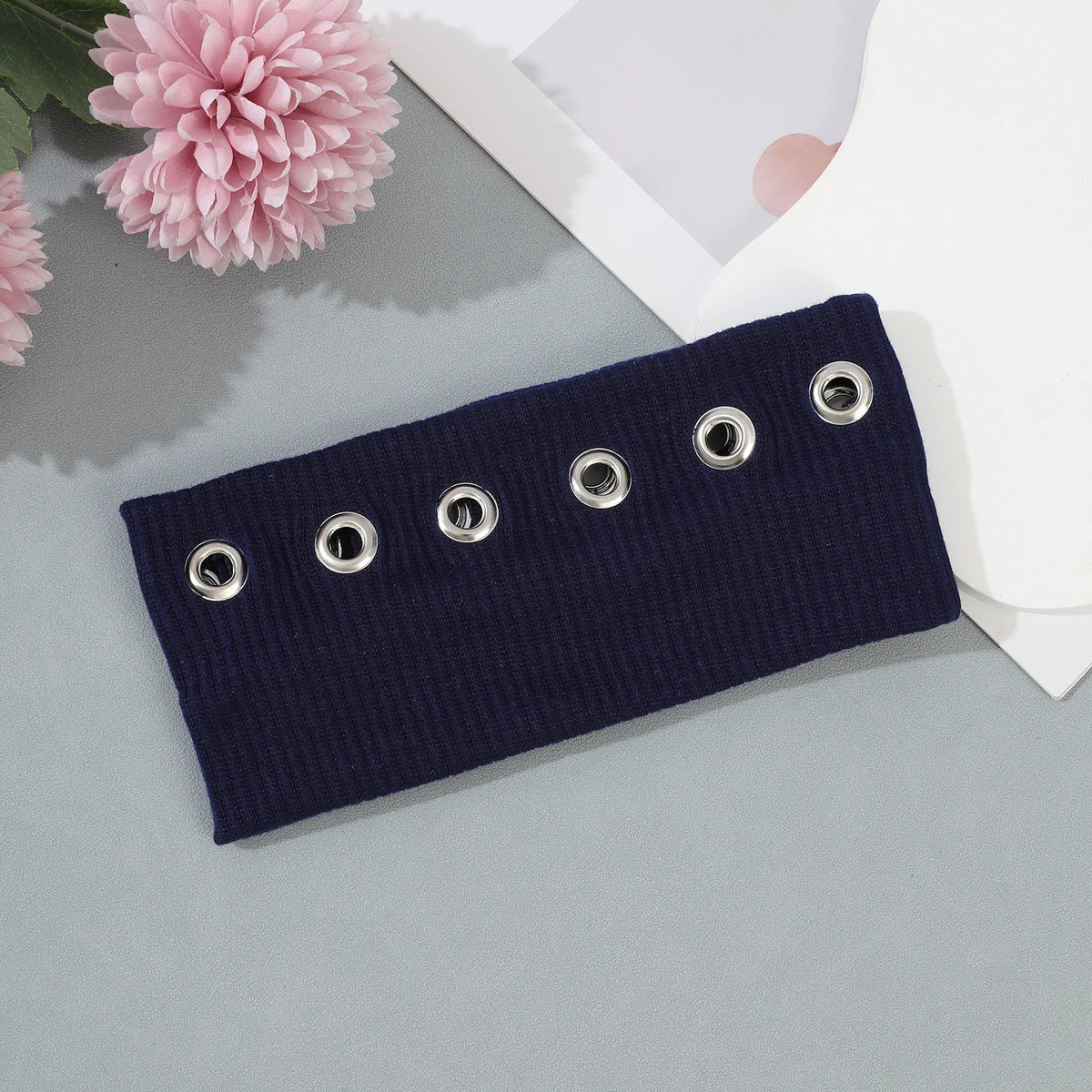 AWAYTR Punk Girl Fabric Hollow Elastic Headbands Metal Rock Personalized Hollow Eyelets Hair Band Casual Sports Grommet Headband