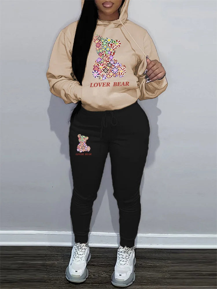 Women's Hoodies Sets Pants Suit 2 Piece Outfits 2025 New Letter Print Bear Aesthetics Sweatshirt and Sweatpants Womens Tracksuit