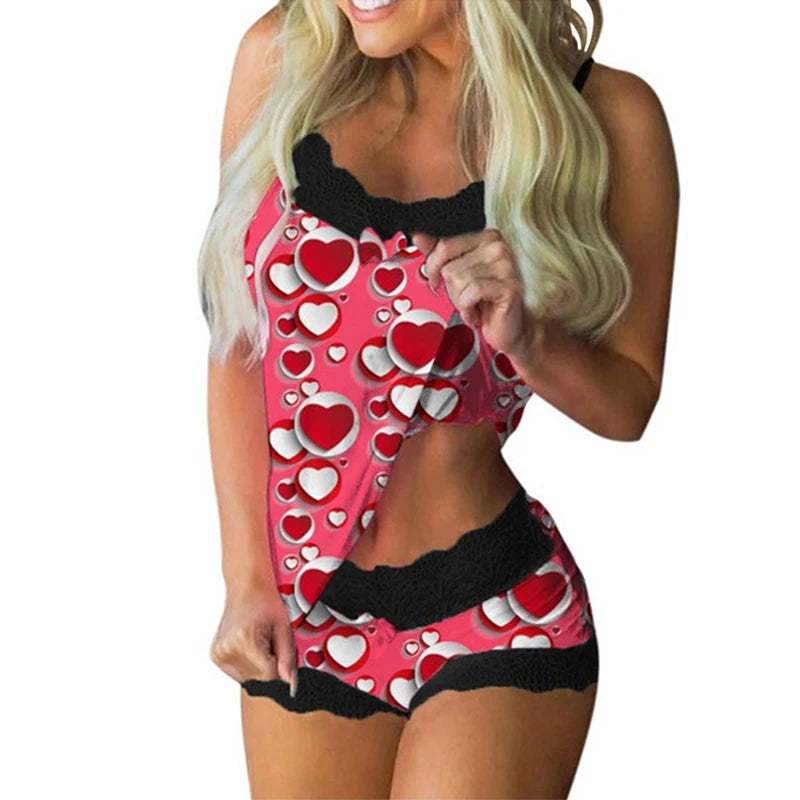 2 Pieces Set Women'S Pajama Shorts Suit Homewear Print Underwear Pijama Sexy Lingerie Camisoles Tanks Nighty Sling Sleepwear