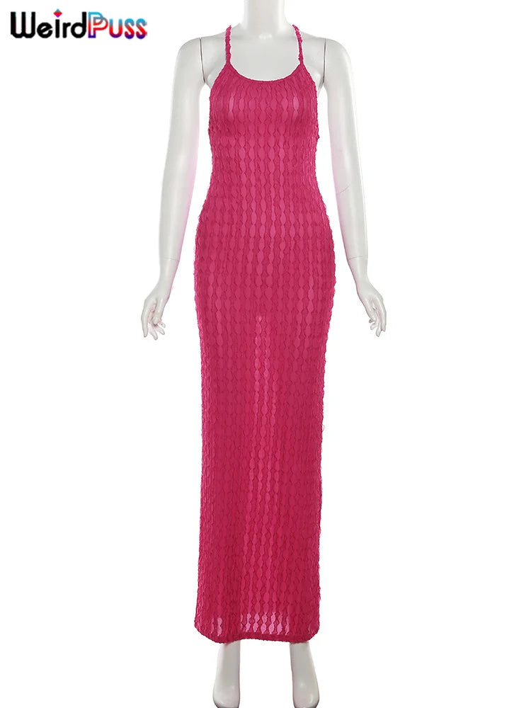 Weird Puss Backless Halter Dress Women Cross Bandage Sleeveless Sexy Elegant Skinny Stretch Wedding Party Maxi Bodycon Vestidos