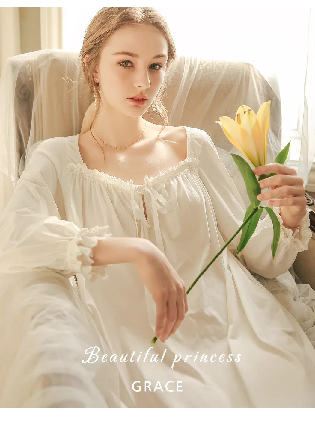 Women Cotton Spring Nightgowns Vintage Princess Nightdress Long Sleeve Loose Pajama Dress Ruffles Lace-up Victorian Sleepwear