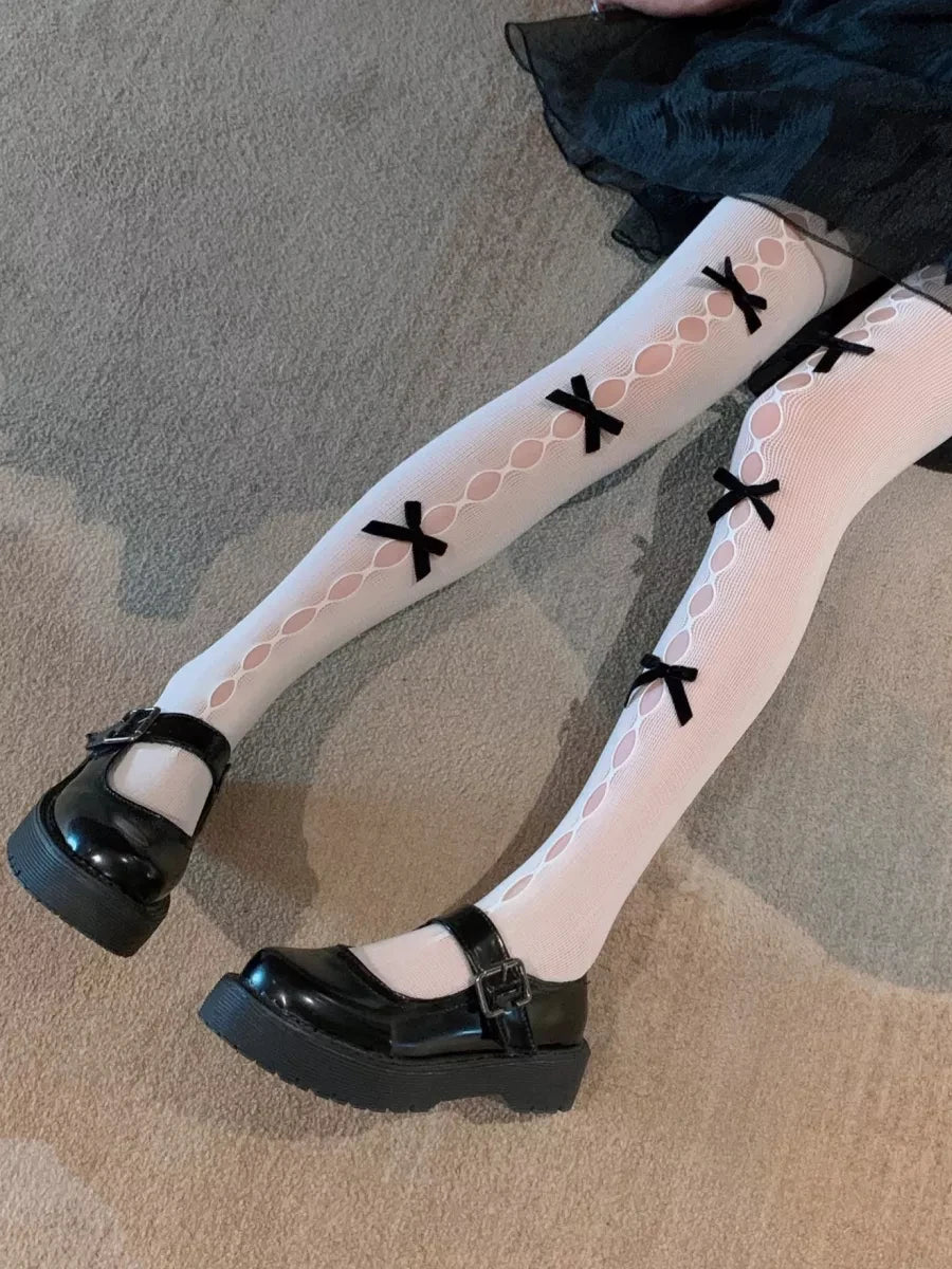 Sexy Lace Bow Patchwork Stockings Women Bodycon Elastic See Through Slim Pantyhose Party Club Sexy Y2K Hollow Out Tights Ladies