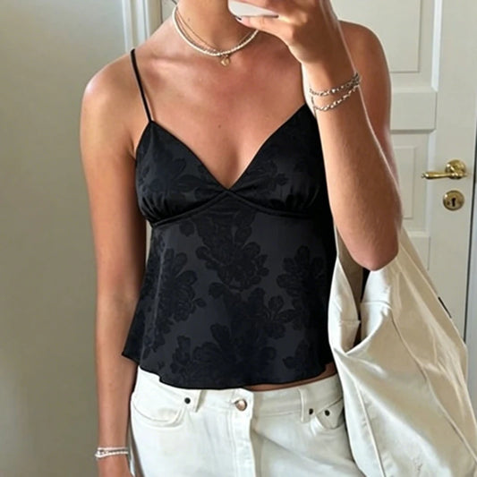 Floral V Neck Spaghetti Strap Crop Cami Women Satin Jacquard Top Preppy Cute Y2k Flowy Babydoll Tank Top Silk Going Out Shirt