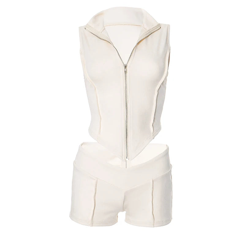 Weird Puss Lines Patchwork 2 Piece Set Women Zipper Cardigan Irregular Crop Top+Skinny Peach Hip Shorts Simple Sporty Streetweas