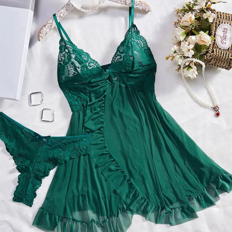 Sexy Lace Nightdress Transparent Pink Lingerie Women Underwear Sexy Sleepwear Thin Style G-string Set Elegant DeepVDress Pijamas