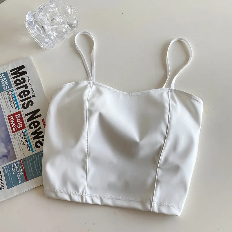 Sexy Bare Midriff PU Leather Halter Crop Tops Women with Bra Pad Spaghetti Strap Tank Top Camis Female Sleeveless Cropped Vest