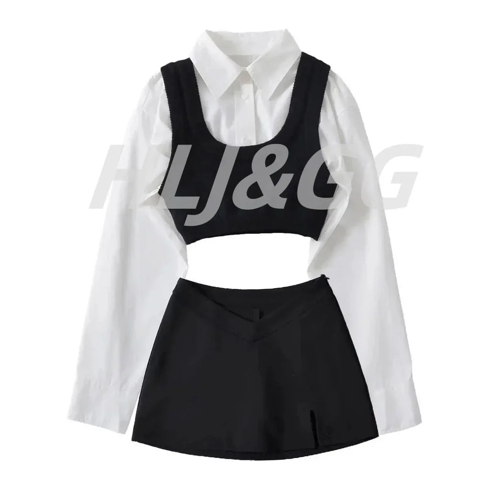 HLJ&GG Autumn Knit Vest Shirts Two Piece Sets Women Lapel Button Long Sleeve Top And Mini Skirts Outfits Fashion Retro 2pcs Suit