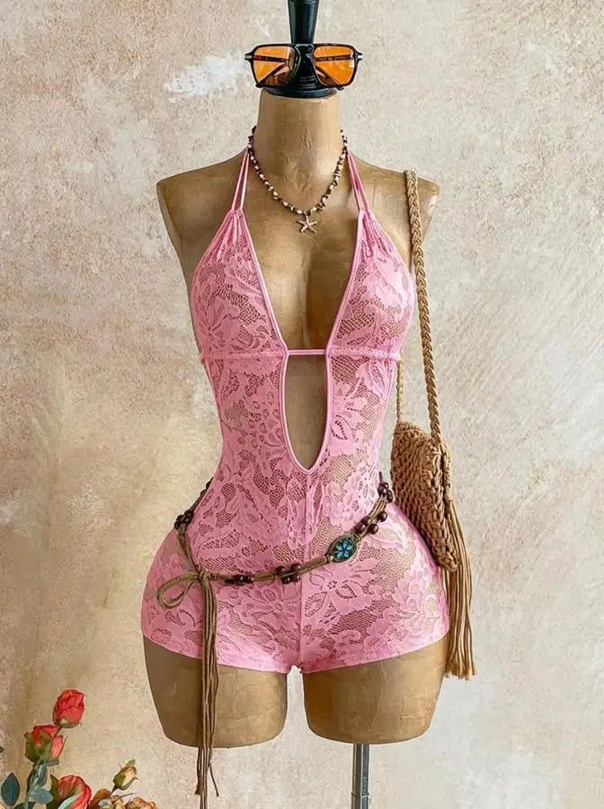 HLJ Summer New Sexy Lace See Through Patchwork Bodycon Rompers Woman Deep V-neck Backless Jumpsuits Female Streetwear Overalls