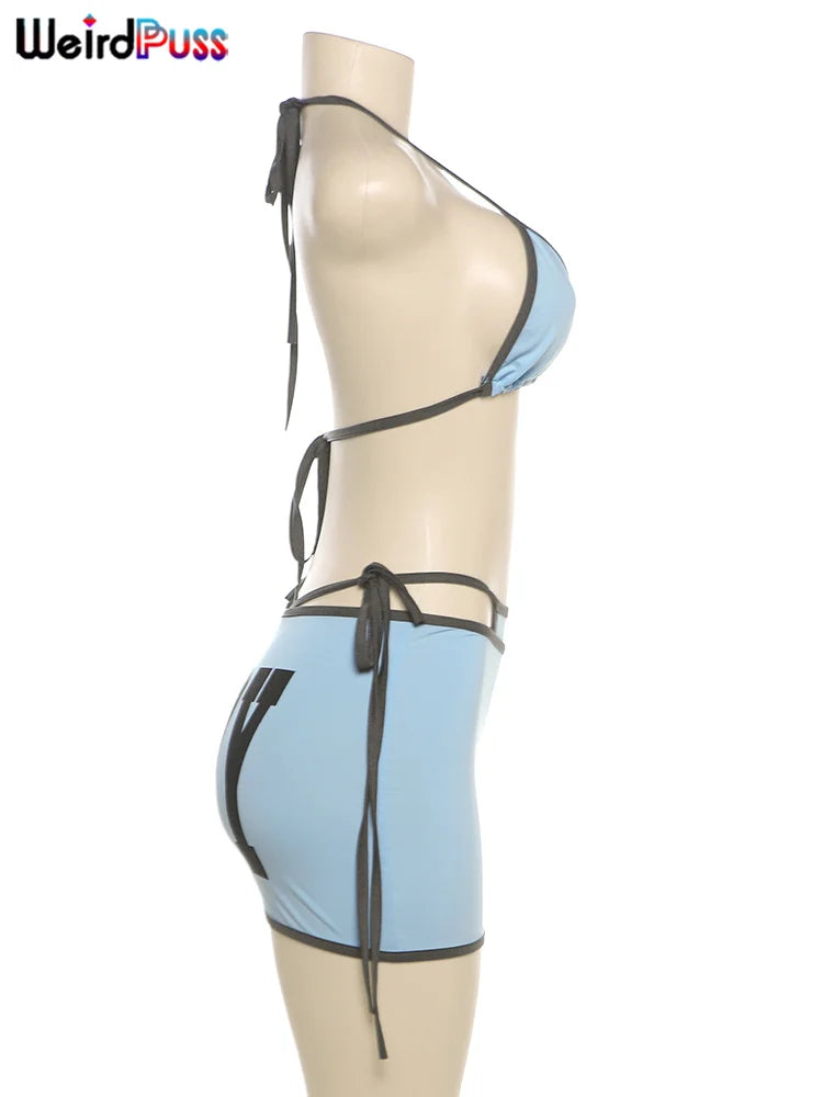 Weird Puss Letter Print 3Piece Set Women Sexy Summer Beach Vacation Bra+Bandage Briefs+Skirts Hipster Midnight Matching Clubwear
