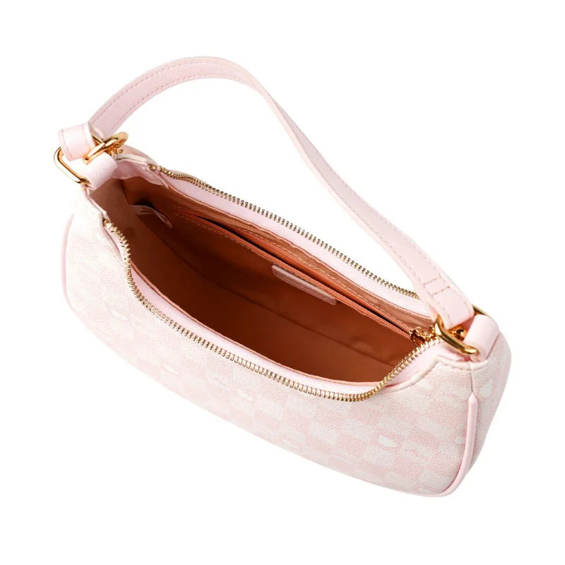 Ladies Pu Leather Armpit Bag Pink Checkerboard Cute Crescent Shoulder Bag Handbag Tote Bag