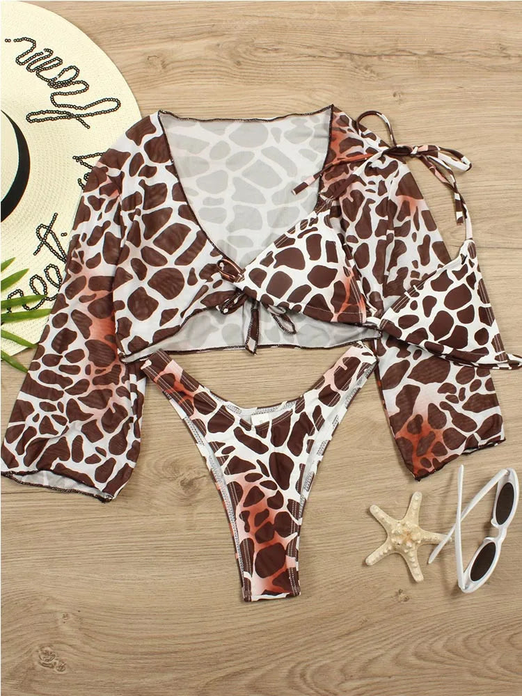 Sexy 3 Piece Swimsuit Women Leopard Print Push Up Padded Biquini Brazilian Summer Bathing Suit Long Sleeve Thong Bikini Swimwear
