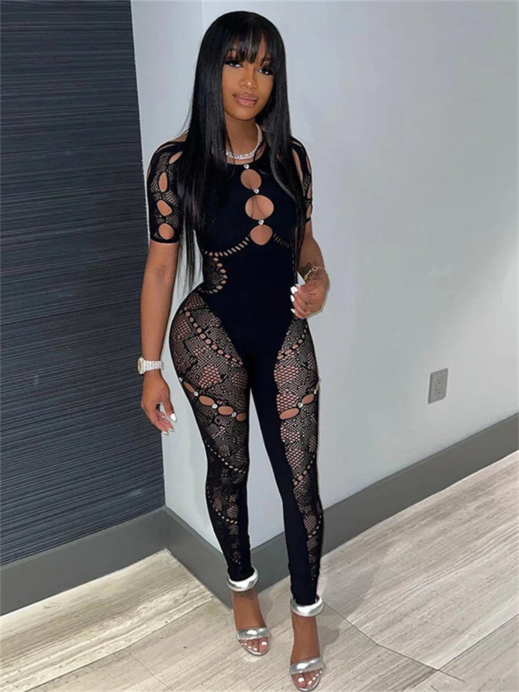 Club Outfits Sexy Jumpsuits for Women Short Sleeve Bodycon Rompers Jumpsuit Skinny Pink Mesh See Though One-piece Overalls 2024