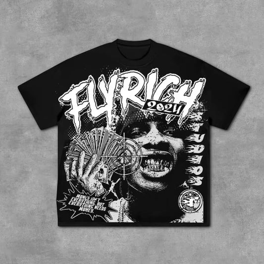 Fly Rich Abstract Human Face Graphic 100% Cotton T-Shirt Men Y2K Summer Short Sleeves Oversize Tshirt Streetwear Women Tops