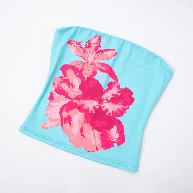 Nsauye 2025 Fashion Women Summer Y2K Clothes Skinny Floral Print Mini Tube Tank Tops Sleeveless Sexy Club High Street Crop Tops