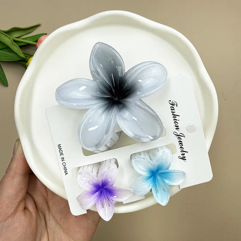 3Pcs Sweet Colorful Plumeria Flower Shark Clip Hair Claw Bohemian Ponytail Clip Plastic Hairpin Barrette Summer Hair Accessories