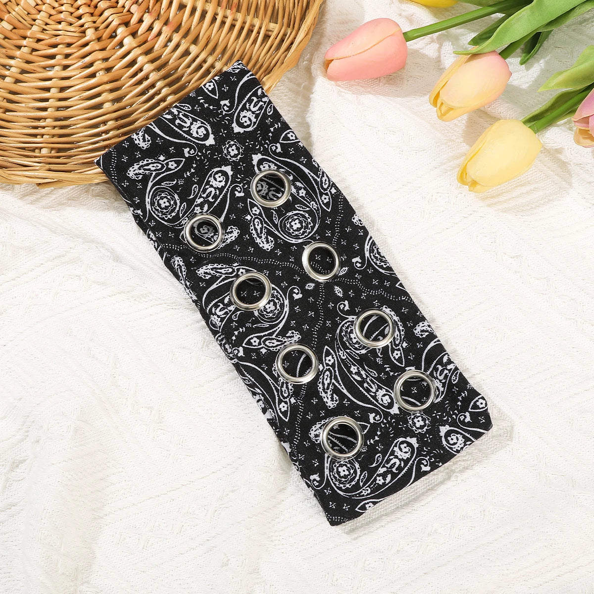 AWAYTR Punk Girl Fabric Hollow Elastic Headbands Metal Rock Personalized Hollow Eyelets Hair Band Casual Sports Grommet Headband