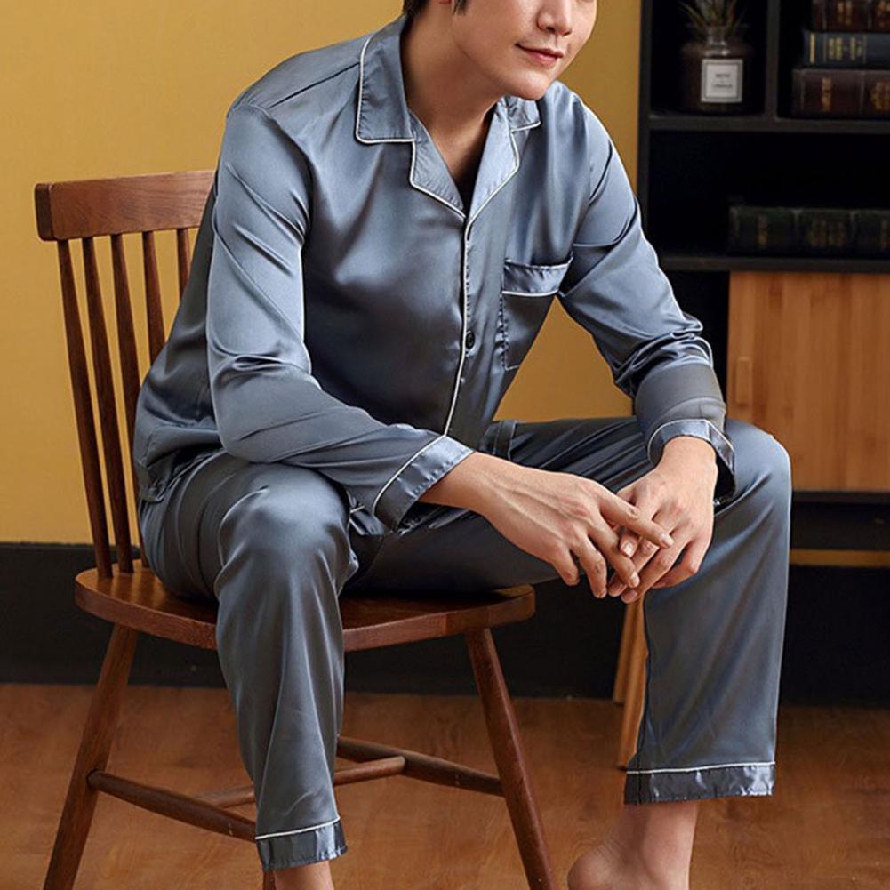1 Set Men Sleepwear Solid Color Long Sleeved Single Breasted Home Wear Ice Silk Loose Plus Size Pajamas Set For Home