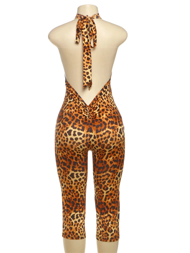 Weird Puss Backless Romper Women Halter Bandage Leopard Print Fit Tight Stretch Summer Sexy Hipster Activity Workout Playsuits