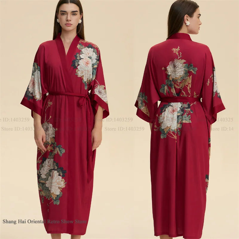 Plus Size Print Flower Long Robe Kimono Gown New Female Sleepwear Bathrobe Home Dress Loose Silky Satin Night Clothes Loungewear