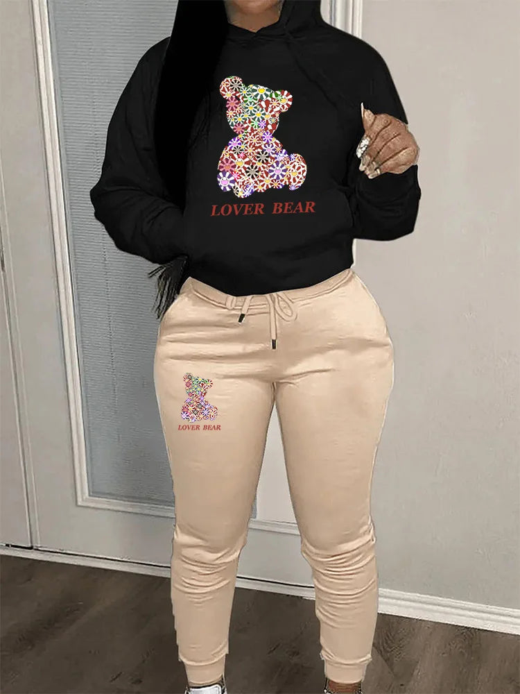 Women's Hoodies Sets Pants Suit 2 Piece Outfits 2025 New Letter Print Bear Aesthetics Sweatshirt and Sweatpants Womens Tracksuit