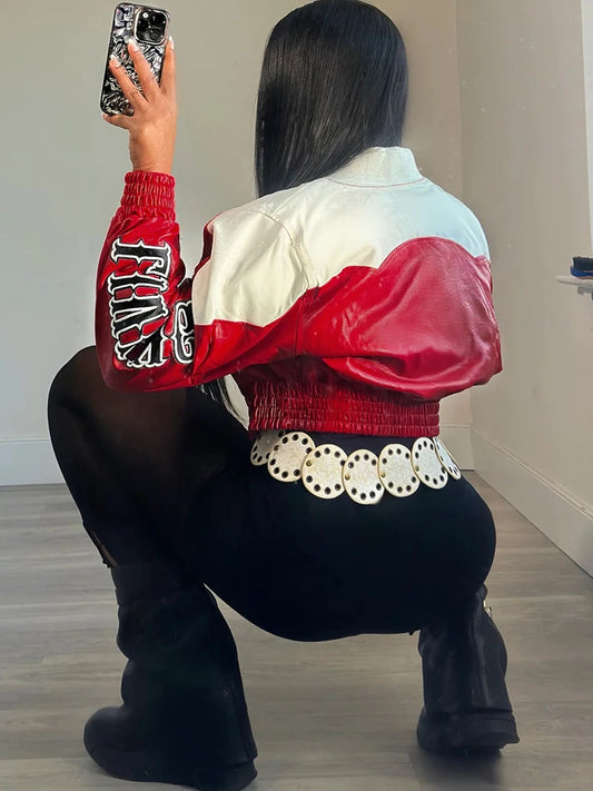 Nibber Uniform Letter Print Crop Jacket Woman PU Patchwork Full Sleeve Single-Breasted Cardigan Skinny Single-Button Cool Coat