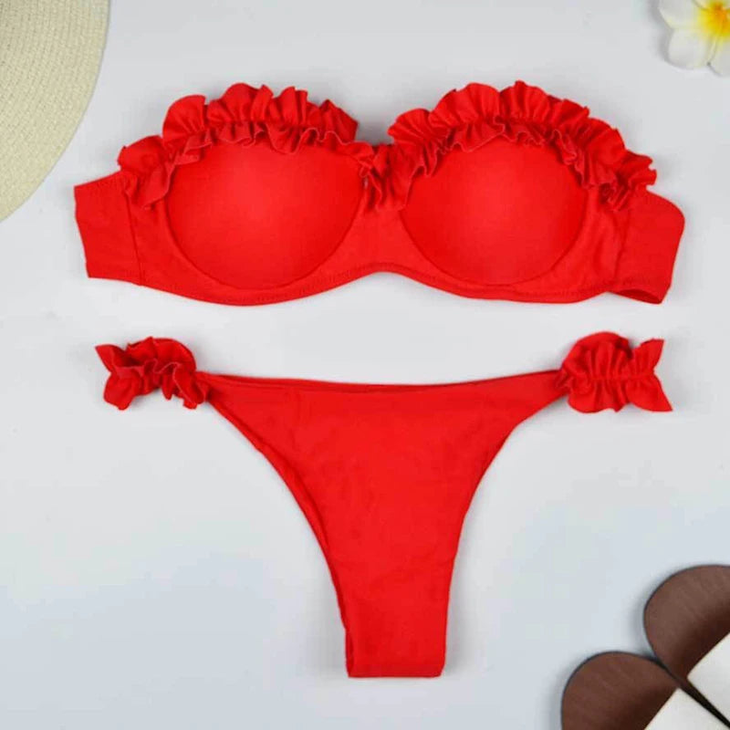 Solid Bikini Set Women Swimsuit Chic Ruffles Micro Bikini Split Bathing Suit Summer 2025 New Beach Spice Girl Swimwear