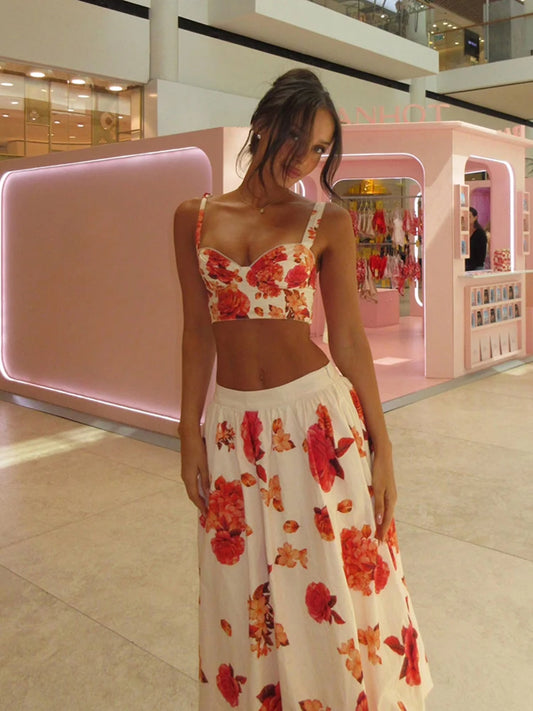 Chic Rose Floral Print Two Piece Suit Sexy Shoulder Bustier Top High Waist Flowy Maxi Skirt Lady Summer Vacation Beach Outfit