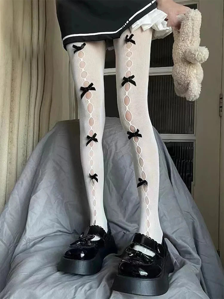 Sexy Lace Bow Patchwork Stockings Women Bodycon Elastic See Through Slim Pantyhose Party Club Sexy Y2K Hollow Out Tights Ladies