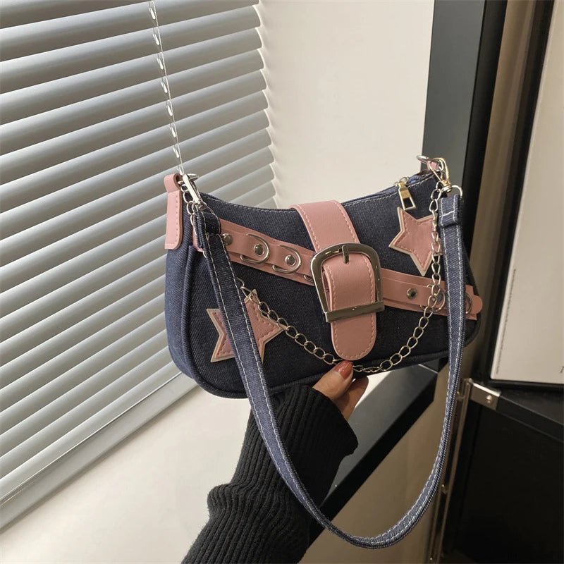 Fashion Women's Handbags Denim Stars Pattern Cool Girls Underarm Bag Female Small Shoulder Hobo Bags Chain Tote Bag