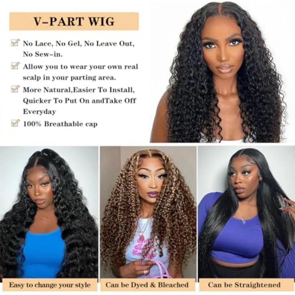 30 Inch Curly V Part Wig Human Hair Brazilian Virgin Human Hair Wig  Upgrade U Part Wig Glueless V Shape Wig Natural Black Color