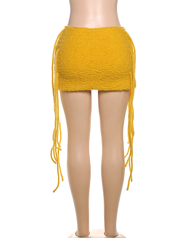 Weird Puss Sexy Furry Side Tassel Skirts Women Y2K Peach Hip Summer Solid Wild Basic Hipster Streetwear Skinny Slim Mini Bottom