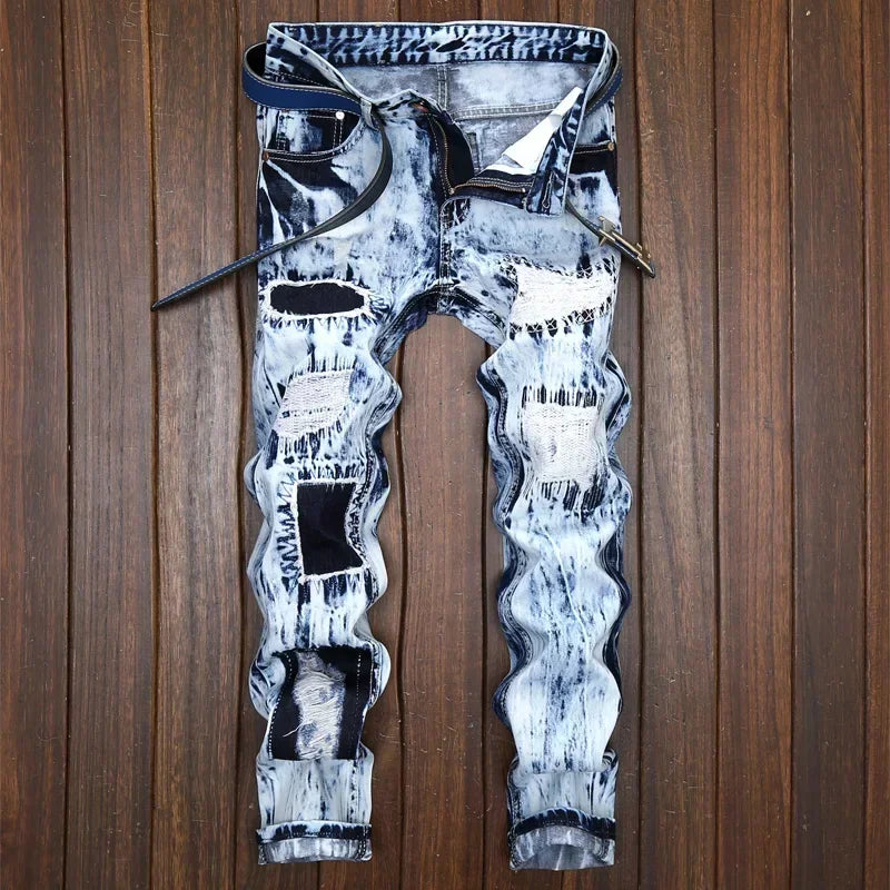 Denim Embroidered Patchwork Ripped Jeans (without Belt) Slim Fashion High Street Motorcycle Denim Pants Male Designer Clothes, men's jeans