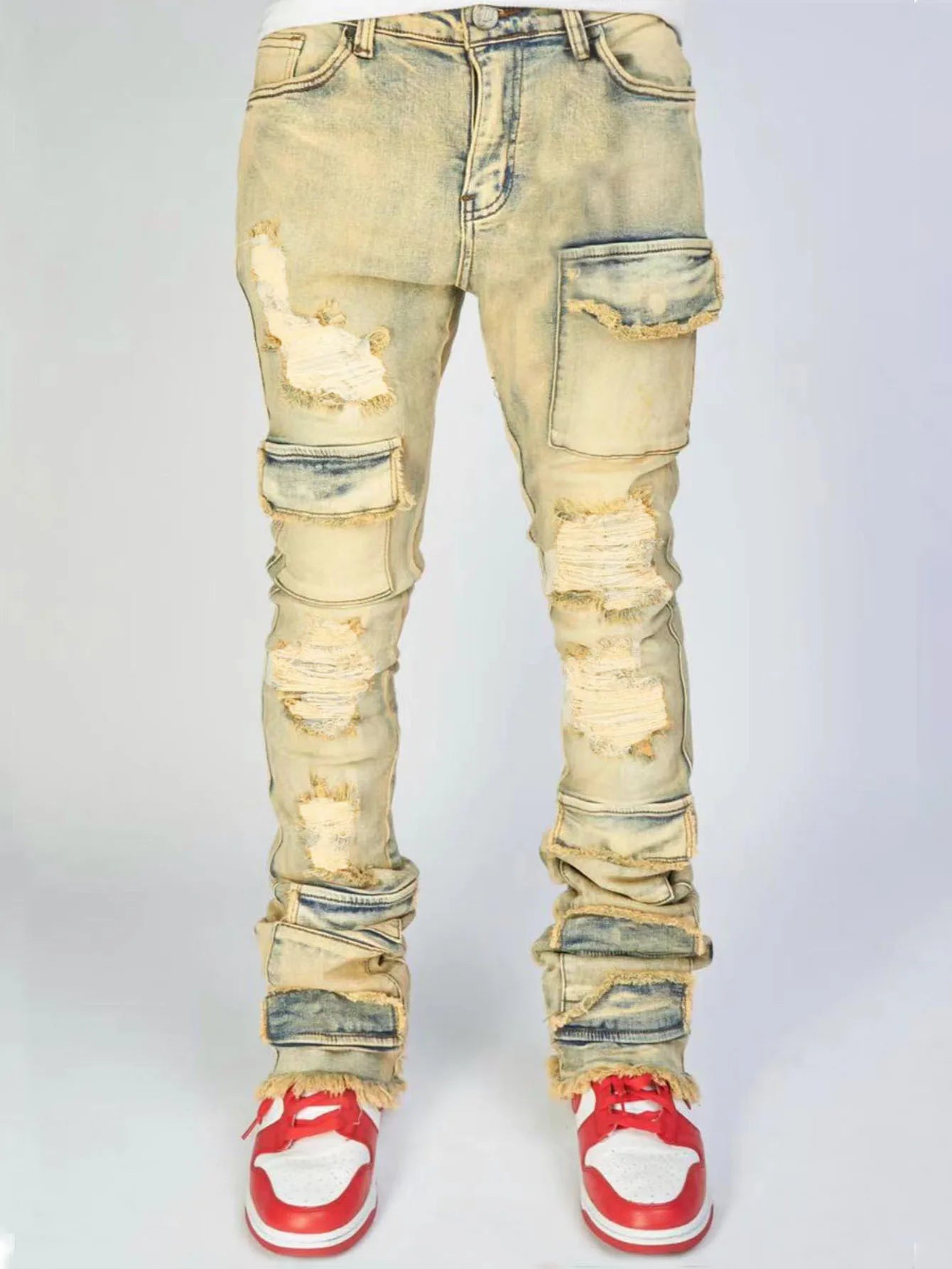 Jeans Long Pant Denim Flare Pants Hole Straight Trousers Slim Fit High Waist Casual Button Pocket Splice Autumn Winter, men's jeans