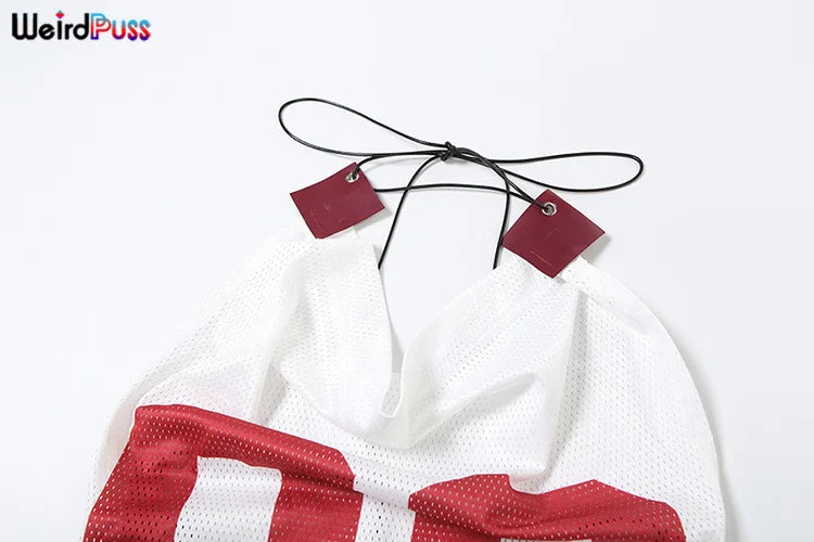 Weird Puss Mesh Halter Crop Tops Woman Summer Bandage Backless Patchwork Number Print Swing Collar Party Streetwear Skinny Vest