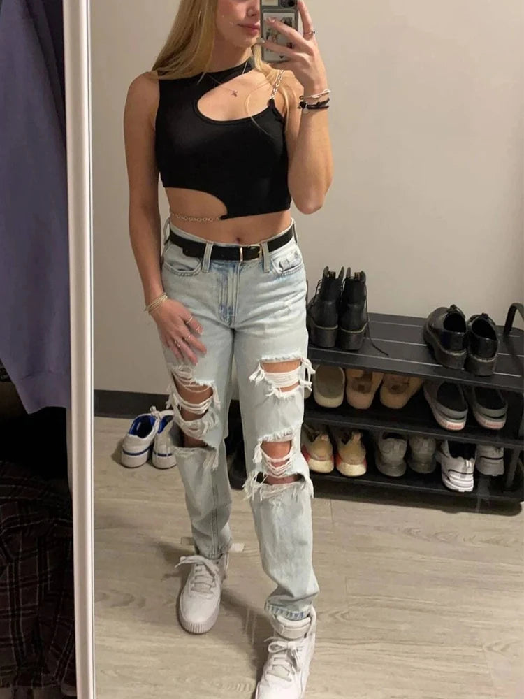Chain Cut Out Rib Knit Crop Top Women Summer Y2K Clothes High Street Grunge Asymmetrical Neck Sleeveless Tank Top Streetwear
