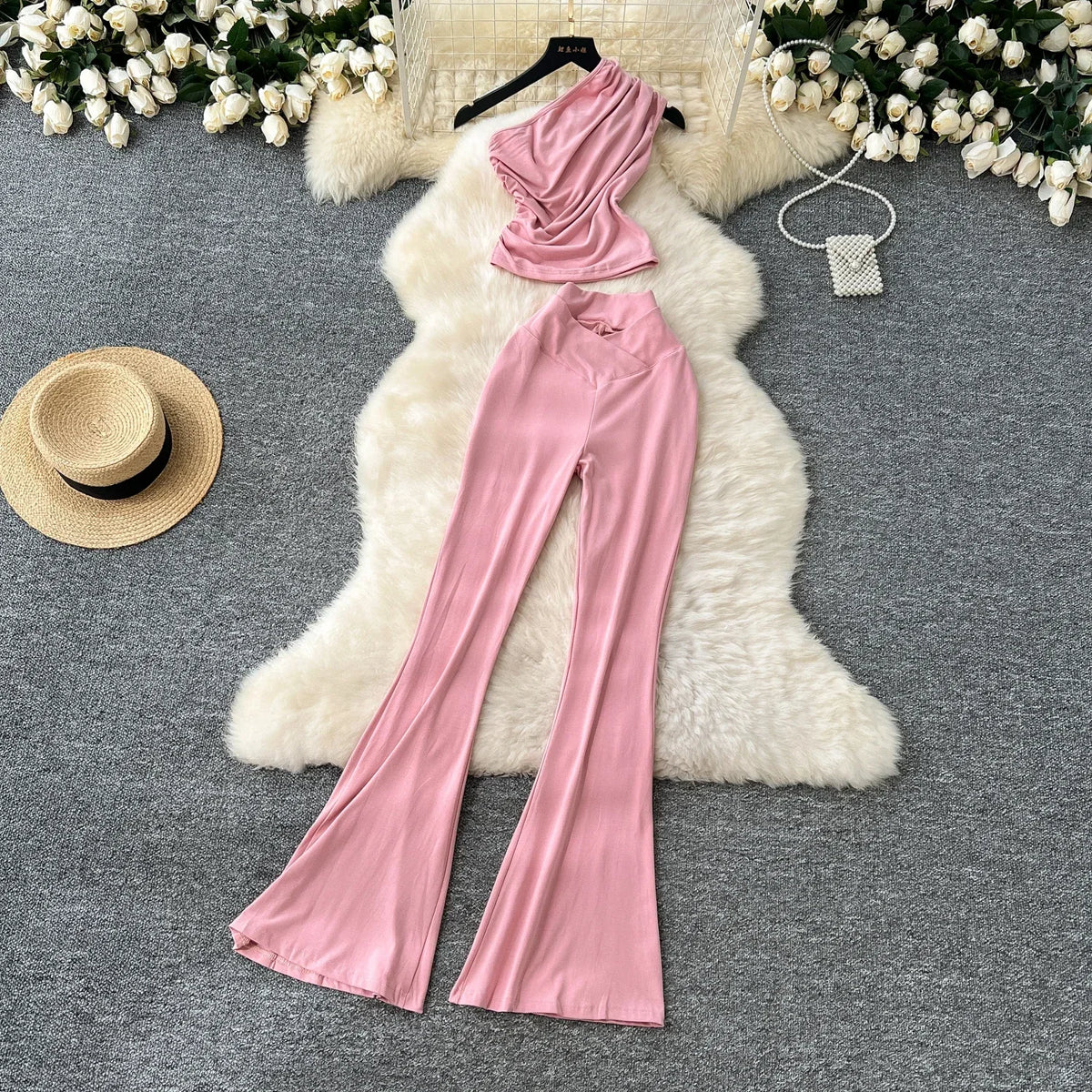 Chic Women Two-Piece Sets Vintage Diagonal Collar Sleeveless Pleated Top and High Waist Flare Pants Korean High Street Clothing