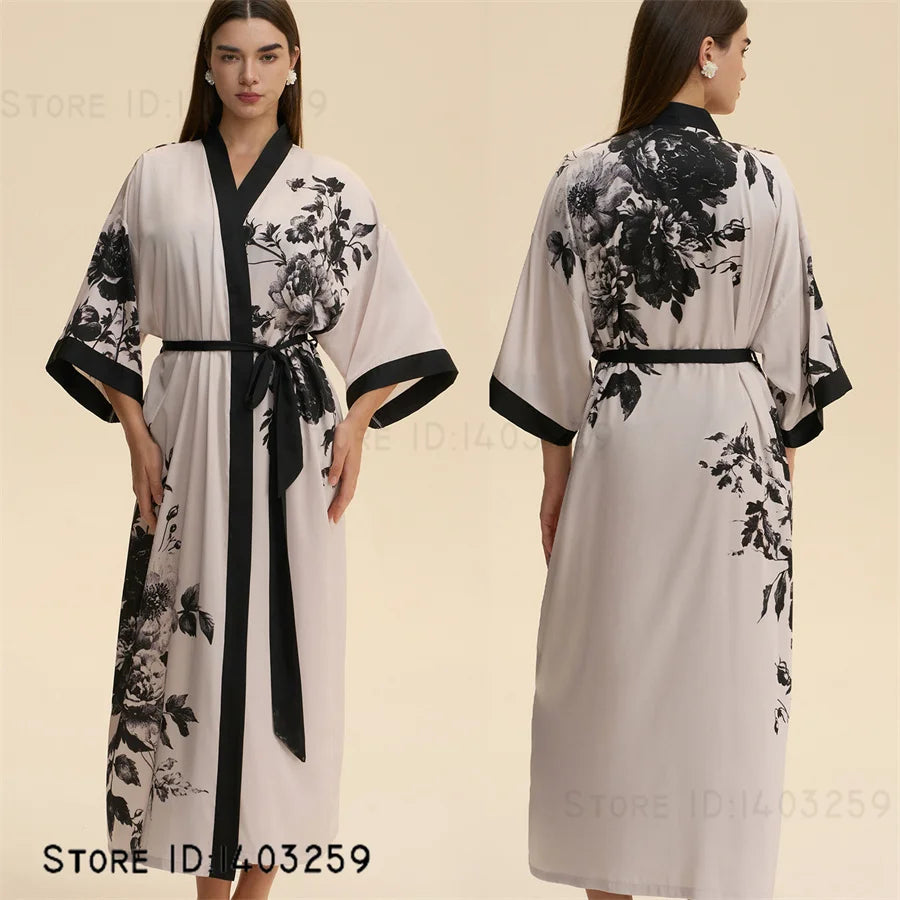 Plus Size Print Flower Long Robe Kimono Gown New Female Sleepwear Bathrobe Home Dress Loose Silky Satin Night Clothes Loungewear
