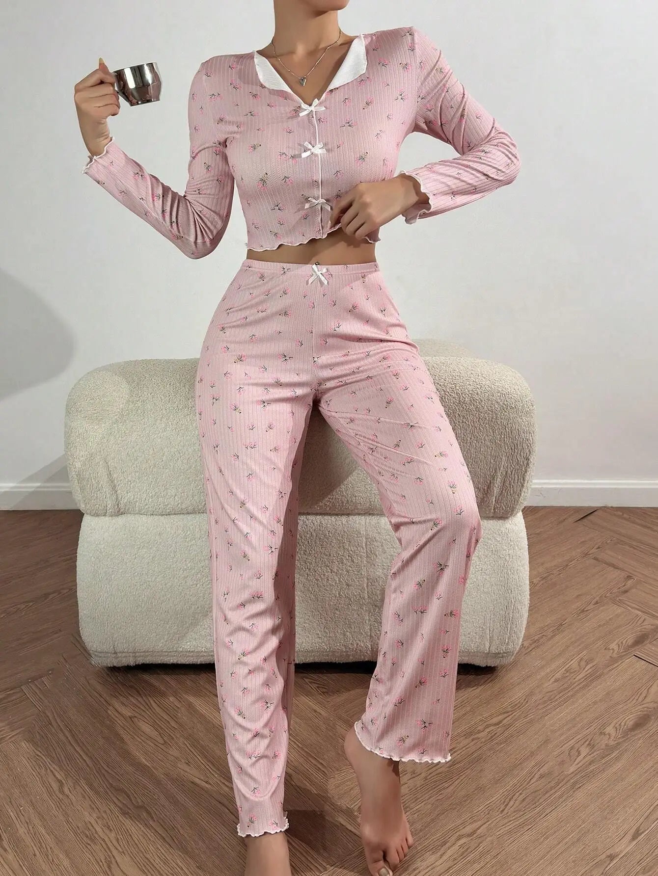 Autumn Winter Floral Print Pajamas Set for Women Sleepwear Long Sleeve Top and Long Pants 2 Piece Casual Homewear Loungewear