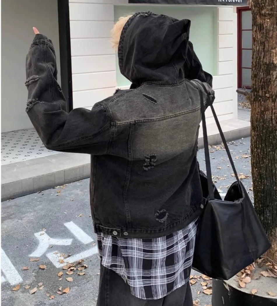 New Hooded Mens Denim Jacket 2024 American Retro High Street Loose Couple Tops Hip Hop Streetwear Trendy Washed Cowboy Coats