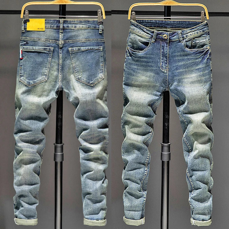 Denim washed Holes Ripped Patchwork denim Streetwear Light Blue Denim Slim Skinny Pencil Pants Oversize men Trousers jean man
