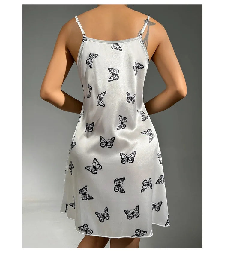 Women Sleepwear Satin Nightgown Mini Slip Chemise Short Nightwear Butterfly Print Spaghetti Strap Cami Nightdress