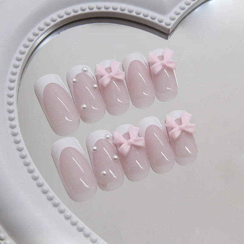 24pcs White French Ballet Fake Nails with Pink Bow Design Sweet Girl False Nails Wearable Ins Simple Pearl Decor Press on Nails