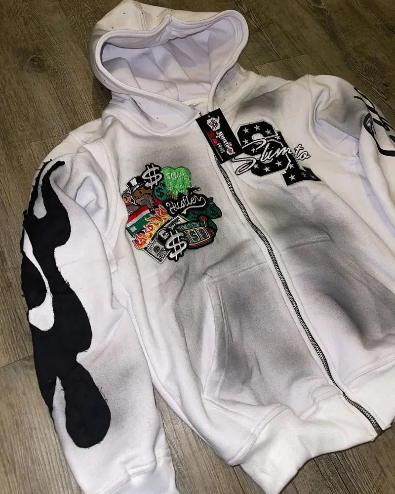 Harajuku Trend Brand Casual Loose Oversized Zipper Hoodie Men Y2k Gothic Retro Letter Flame Embroidered Sweatshirt Jacket Women