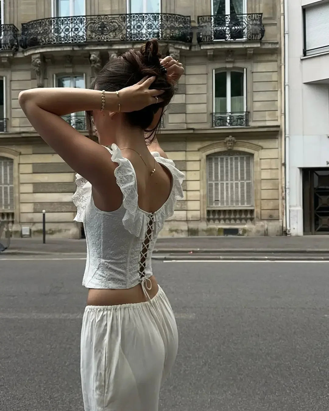 OIINAA Crop Top Women Slash Neck Ruffled Slim Y2k Tops Backless Cross Lace Up White Tank Top Summer 2025 Spice Girls Sexy Tops