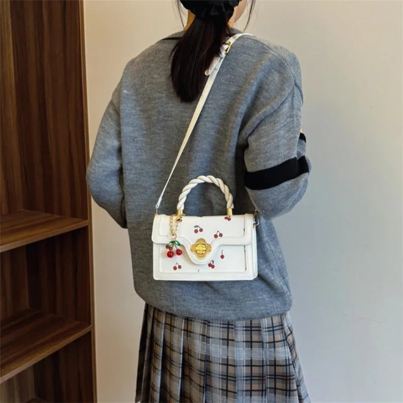 Cute Cherry Printed Handbag Shoulder Bag, Woven Handle Square Tote Bag, Fresh Design Women's Crossbody Bag, Stylish Women Bag